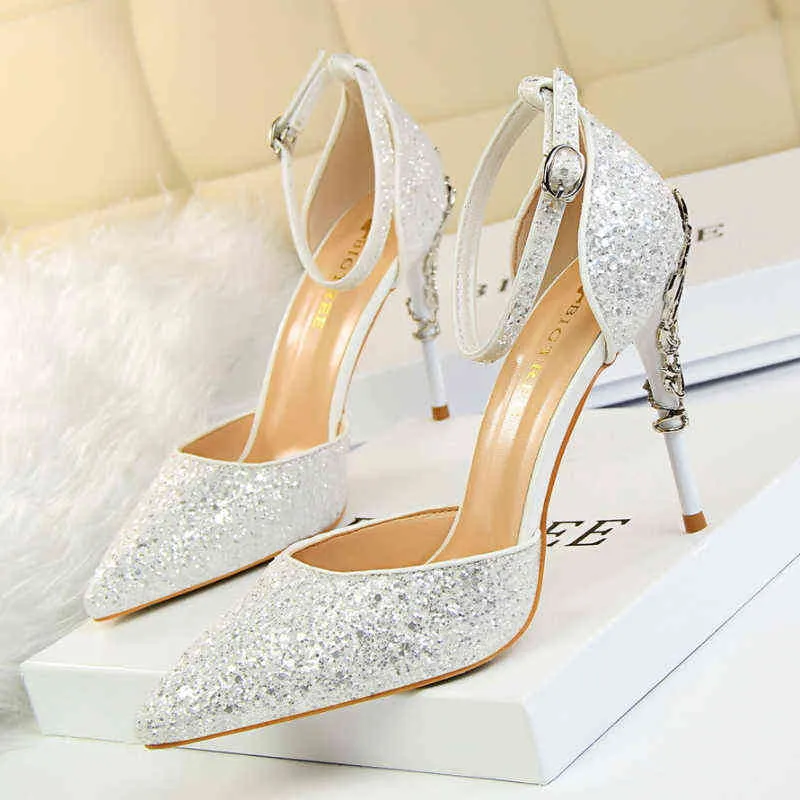 Brand Lady Office Shoes Luxury Rhinestone Metal Women Pumpar Point Toe Fashion Designer Bride Wedding Party High Heels Shoes G220527