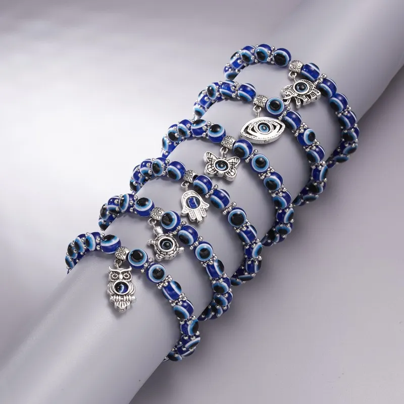 Novo Popular Antique Prata Banhado Animal Charme Pulseira Blue Mal Eye Beads Jóias para Homens Mulheres Presente