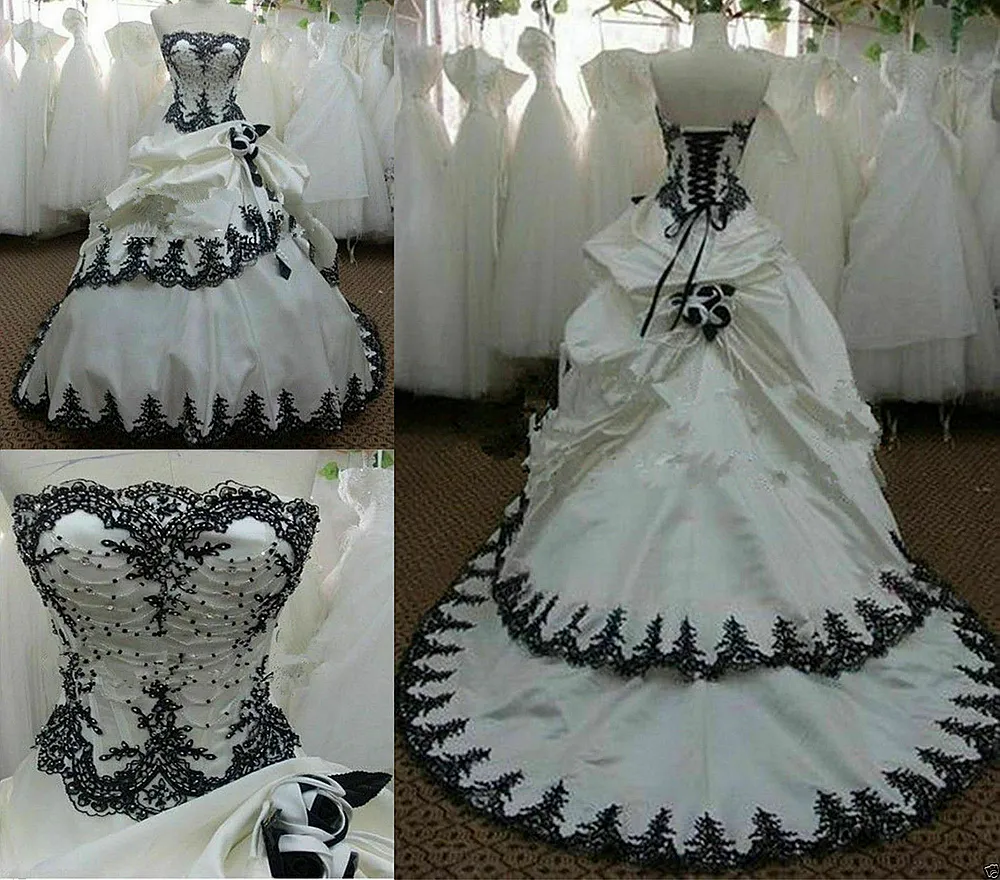 2022 Alternatives Gothic-Hochzeitskleid Schwarz-Weiß-Korsett Ballkleid Perlenapplikationen Lange Schleppe Brautkleider Vintage Robe De Mariee Plus Size Vestidos