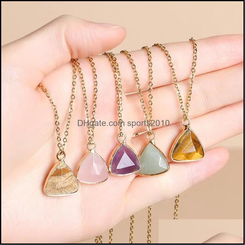 Konst och hantverk Natural Stone Pendant Crystal Necklace Triangle Amethyst Rose Quartz Chakra Healing Jewelry for Women Drop Sports2010 DH3LO