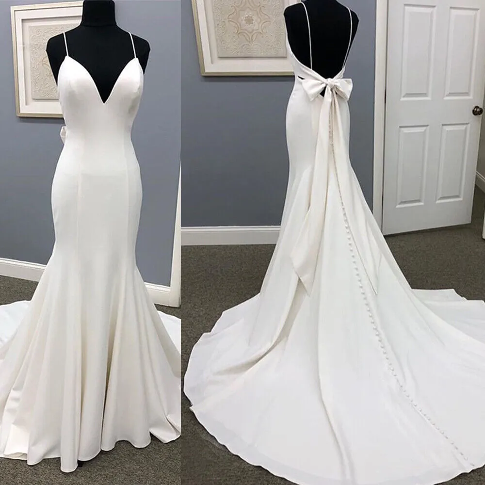 Simple Boho Satin Wedding Dress 2022 Sexy Spaghetti Straps Satin Mermaid Backless Bohemian Bride Dresses With Bow Elegant Summer Beach Country Bridal Gowns