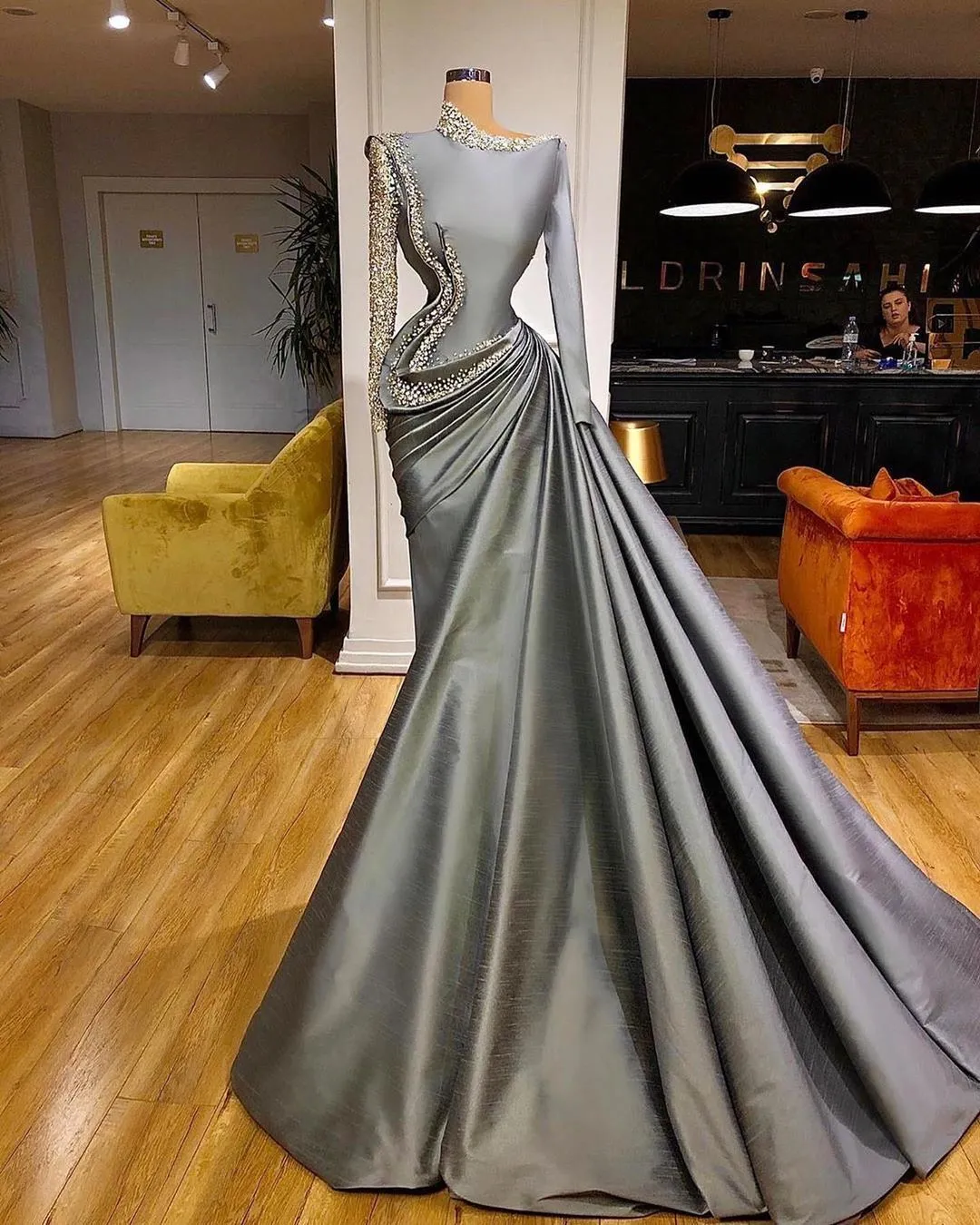 2023 Mermaid Gray Saudi Arabic Long Sleeves Evening Dresses Wear Major Beading Sequins Taffeta Prom Dress vestidos de fiesta BC14556 GC1116S2