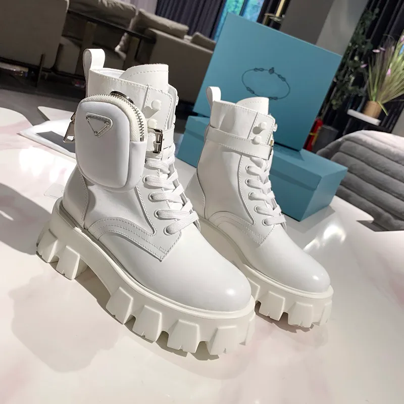 2023 Winter Womens Boots 송아지 가죽 마틴 신발 분리 가능한 나일론 파우치 전투 신발 숙녀 야외 두꺼운 바닥 중간 길이 부츠 35-45