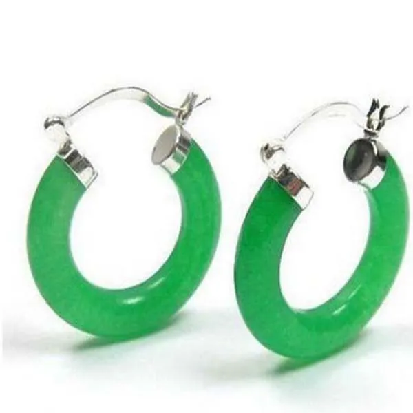 Fashion Women's Green Jade 925 Sterling Silver Hoop Dange oorbellen