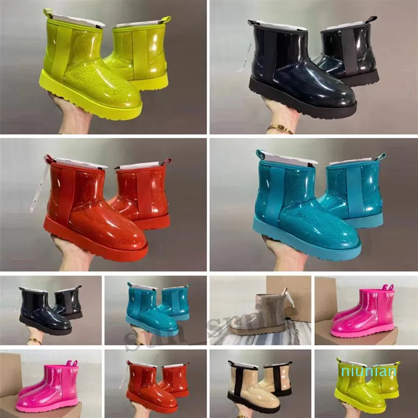 2022-Designer Classic Clear Mini Boots Kadın Kadın Kış Kar Kürklü Kız Çocuk Erkekler Saten Bagaj Ayak Bileği Önlükleri Yarı Diz