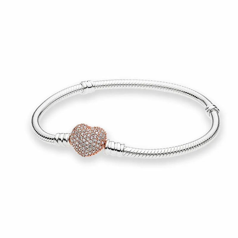 Bracciale in argento sterling 925 con chiusura a cuore pavé placcato in oro rosa Gioielli firmati da donna in argento sterling 925 Scatola originale per bracciale Pandora Moments Charms