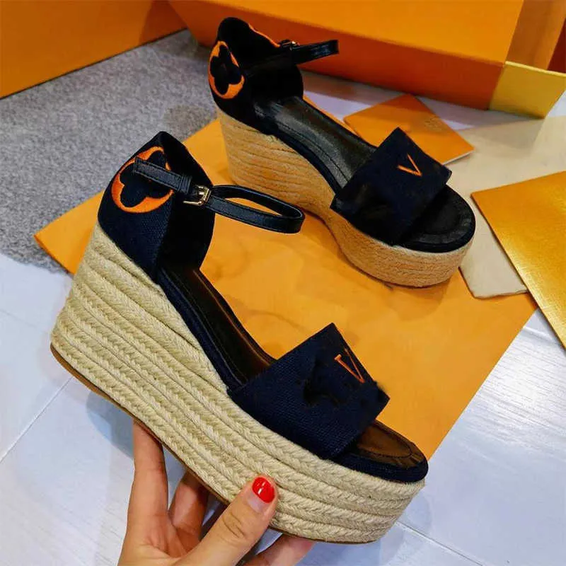 Vrouwen Natural Starboard Wedge Sandaal Fashion Linnen Enkle Ties High Heel Sandals Pumps Espadrilles Dress Shoes met doos NO377
