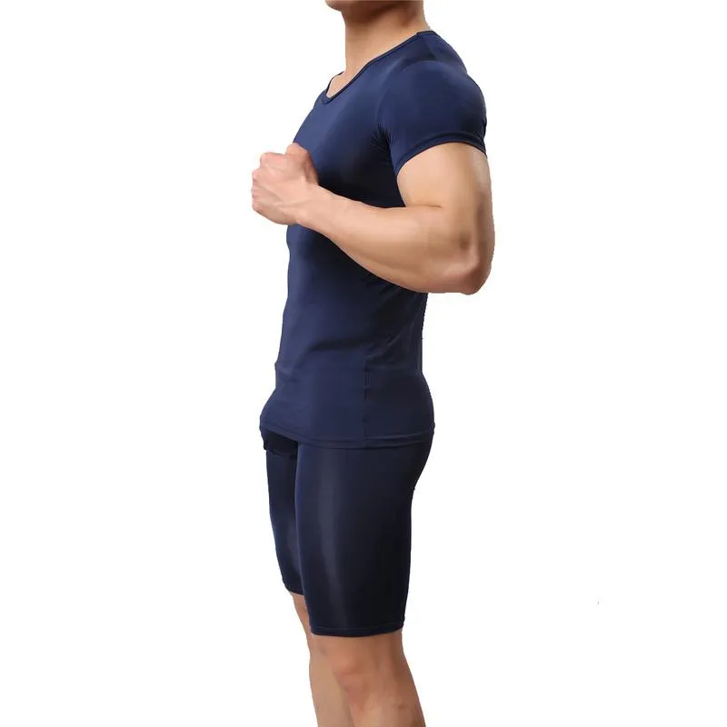 Unterhemden Weiche Männer Dünne Unterhemd Homme Sexy Unterwäsche Kurze T-shirts Fitness Tops Pyjamas Hose Ausbuchtung Beutel Unten Kleidung SetUndershir