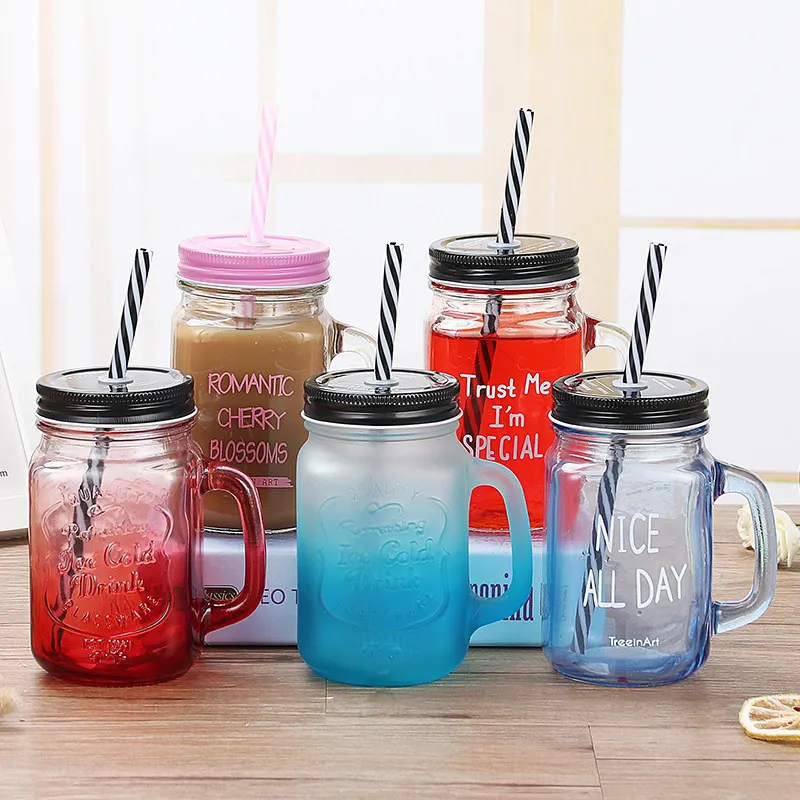 500 ml Kreative Farbverlauf Glas Wasser Flasche Saft Trinken Transparent mit Stroh Hahn Tasse Griff Tasse Mason Tassen für erwachsene