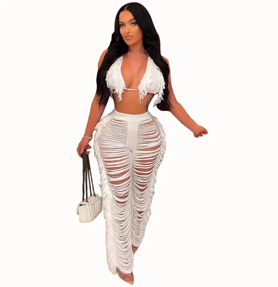 Women Sexy Two Piece Pants 2 Piece Outfits Halter String Tassel Triangle Bikini Top Crochet Fringe Pant Set Jumpsuit Cover Up Clubwear