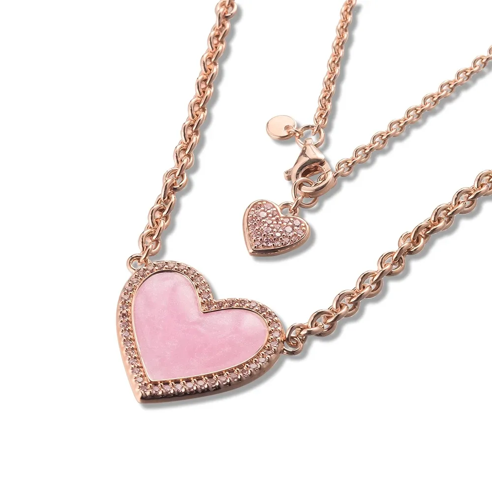 Pink Swirl Heart Pendant Collier Necklace Chain for Women Men äkta 925 Sterling Silver Fit Pandora Style Halsband Gift Smycken 389279C01-50