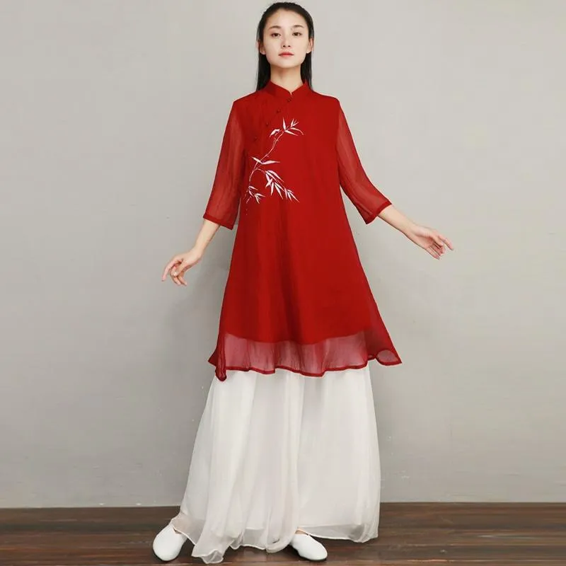 Ethnic Clothing Retro Chinese Style Cheongsam Suit Vintage Linen Qipao Shirt Top And Wide Leg Pants Elegant Oriental Lady Set TA1983Ethnic