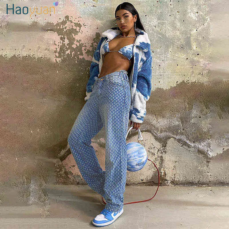 Haoyuan светло -голубые мешковатые джинсы с низким уровнем подъема для женщин 2022 модная уличная одежда Y2K Hole Straight Lafs Разрубленные джинсовые брюки T220728