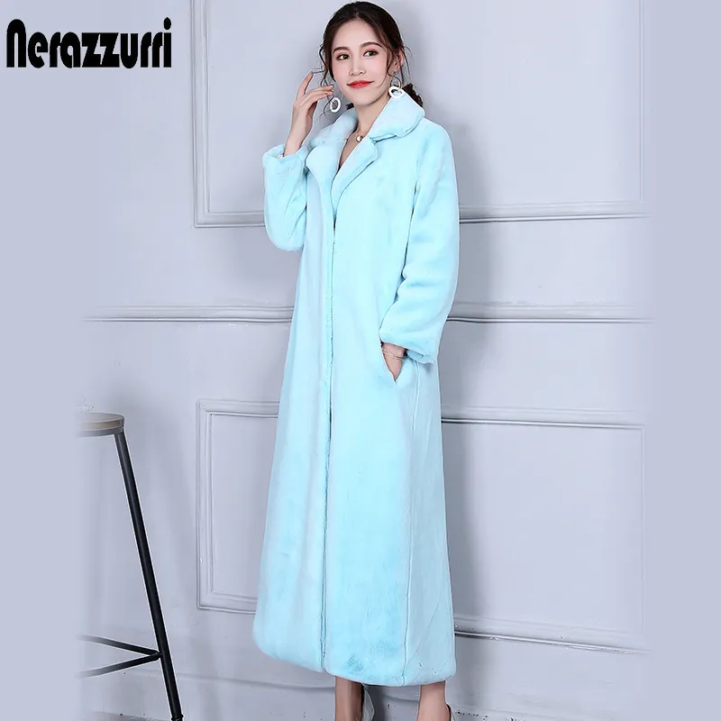 Nerazzurri Long Winter Coat Women Elegant Blue Blue Duster Outwear Outmoy Plus Size Faux Fur Fur overcoat 5xl 6xl 7xl 201029