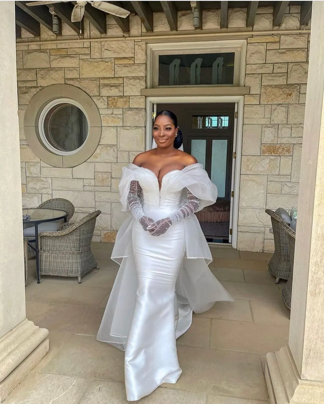 Custom-made Mermaid Mermaid bridal gowns with Pearls, Beads, Long Sleeves, Gloves, Ruffles, and Sweep Train for Wedding 2023 - Plus Size Available