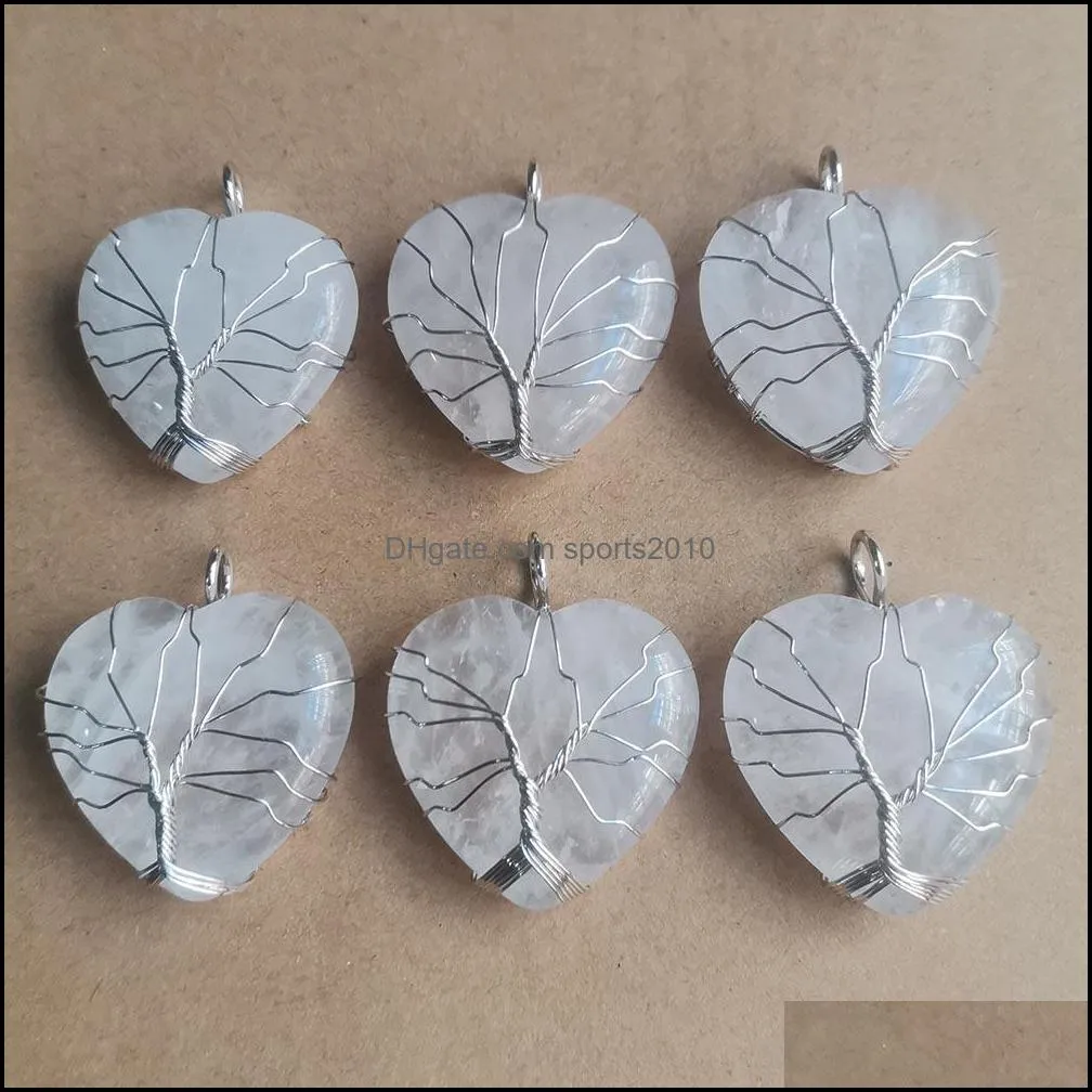 natural white crystal love heart charms handmade tree of life shape stone quartz pendants for jewelry accessories making wholesale