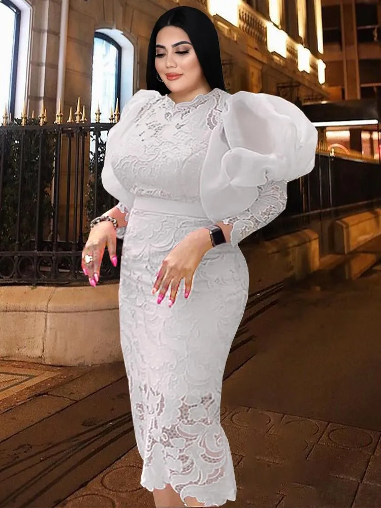 Plus Size Dresses Elegant Lace 3XL 4XL Long Lantern Sleeve White Pink Bodycon Vintage Prom Dress Gowns For Ladies Evening PartyPlus