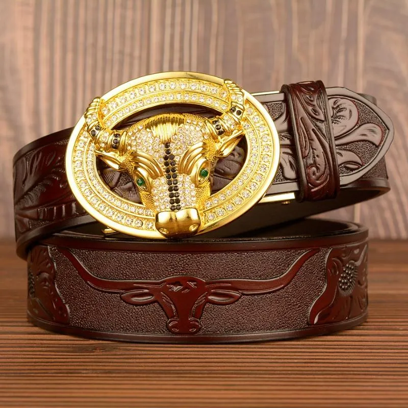 Belts Fashion Men Leather Belt Cowboy Luxury Genuine Dress Cow Bull Head Pattern Automatic Buckle Cowskin For MenBelts