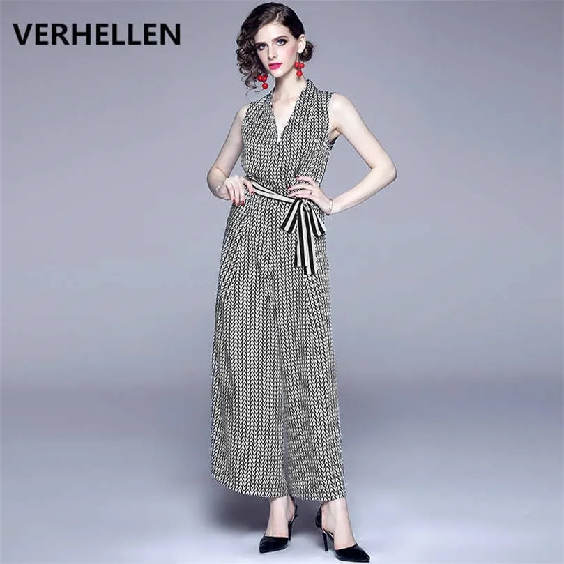 VERHELLEN High Quality Luxury Designer Runway Jumpsuits Autumn Women Sleeveless Geometric Print Elegant Party Long Jumpsuit 210706