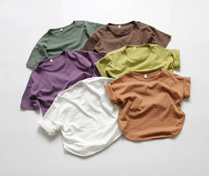 Summer Baby Shirts Slub Cotton Chidren Basic Tops Breathable Boys Girls Cozy Clothes Korean Kids Wide T shirt 220620