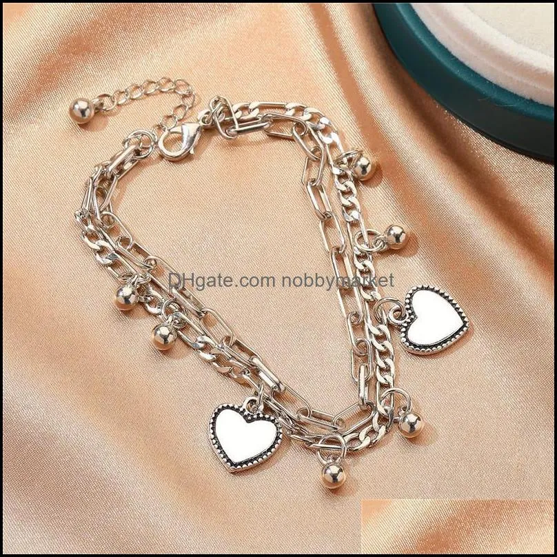 European And American Retro Hip Hop Round Bead Love Heart Double Layer Bracelet Female Unique Design Thai Silver Light Luxury Link,