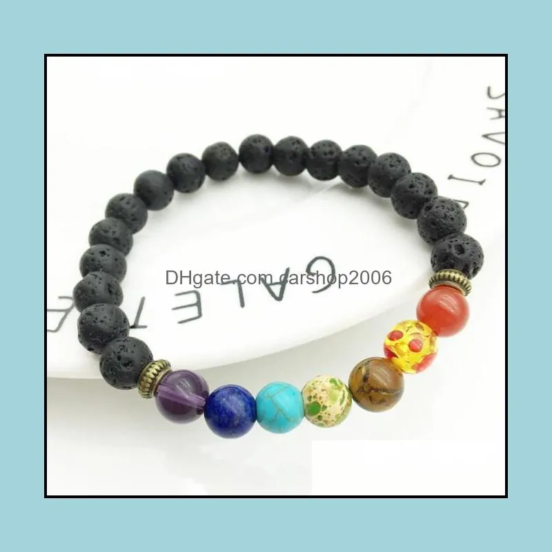 JLN Seven Chakra Lava Bracelet Yoga Energy Healing Stone Reiki Prayer Beads Stretch Bracelet For Man And Woman