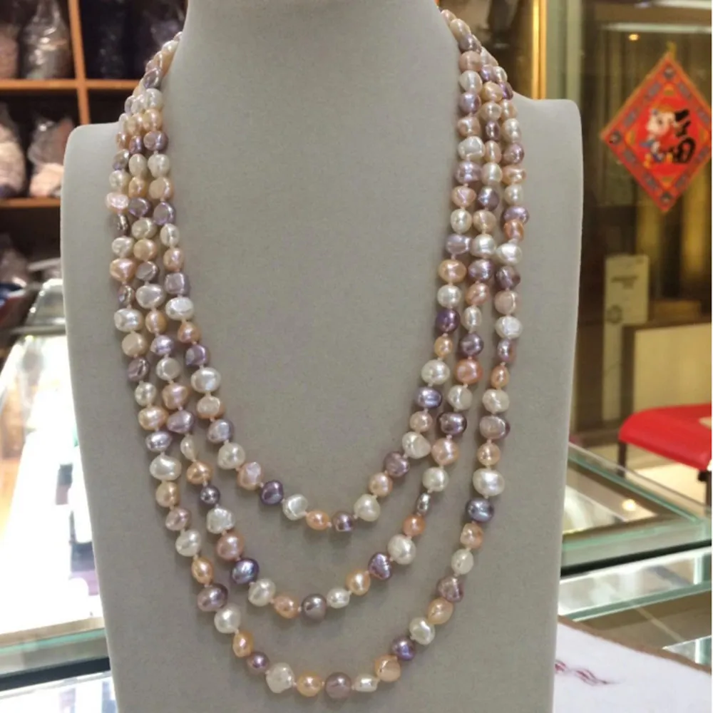 Handgeknüpfte Halskette, natürlich, 7–8 mm, weiß, lila, rosa, Süßwasserperlen, Pulloverkette, Barockperle, 152,4 cm
