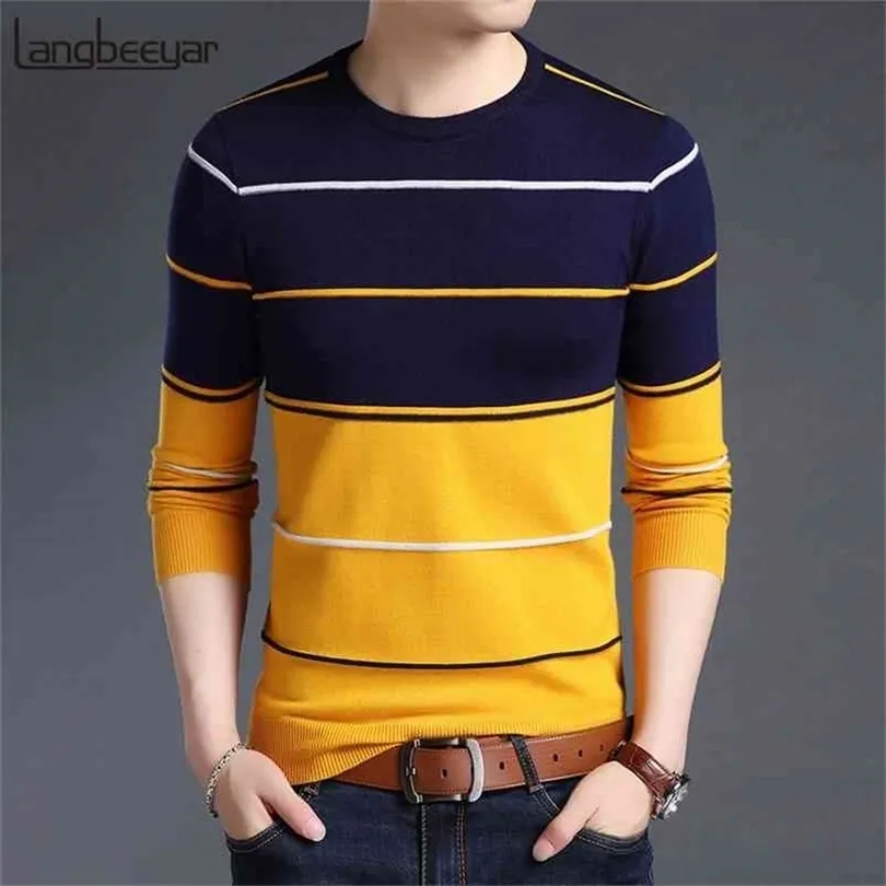 Fashion Brand Sweater Mens Pullover Striped Slim Fit Jumpers Knitred Woolen Autumn Korean Style Casual Men Clothes 210804