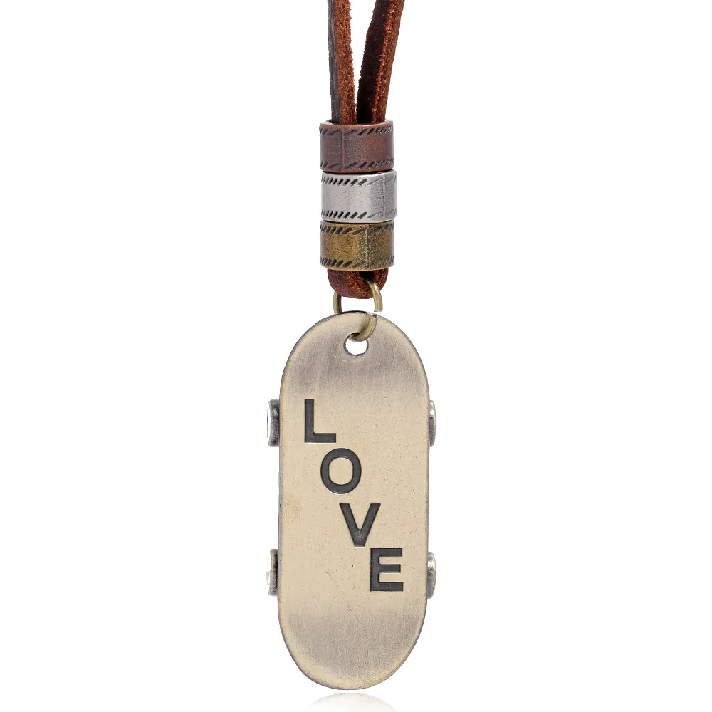 Metal Letter Love Skateboard Pendant Necklace Adjustable Leather Chain Necklaces for Women Men Fashion Jewelry