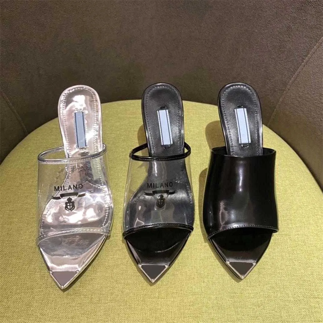 Дизайнерские женские сандалии треугольник печатный плексиглал каблуки роскошные милано слайды коренастые высокие каблуки 7,5 см. Серебряная металлическая кожаная стелька