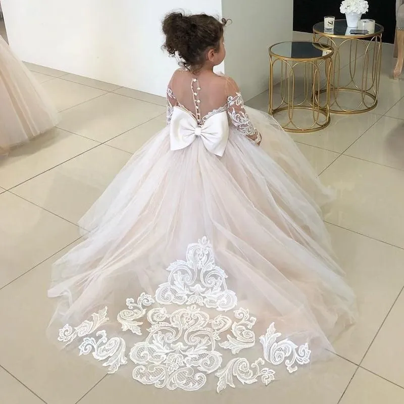 Girl's Dresses Ivory Lace Kids Flower Girl Dress For Wedding Long Sleeve Tulle Princess Party Pageant Girls Holy First Communion GownGirl's