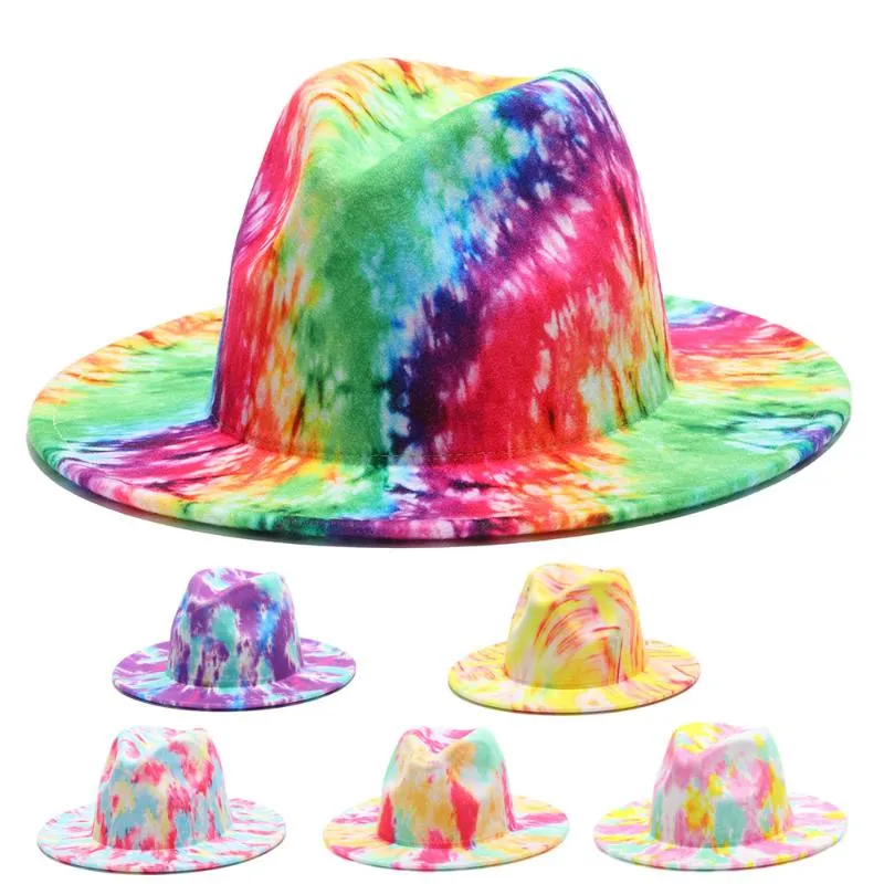 Chapeaux à large bord Fedora Tie Dye Print Jazz Cap Multicolore Rouge Vert Feutré Hommes Femmes Printemps Hiver Vintage Outdoor