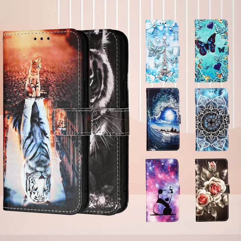 Casos de couro flip para iPhone 14 Pro Max Butterfly Animal Tiger Tower Flower Panda Credite Card Card Slot Tampa