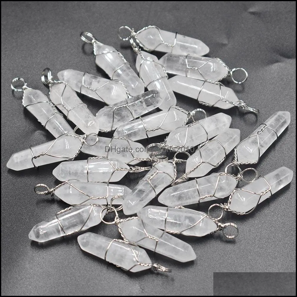 silver copper wire natural stone white crystal charms hexagonal healing reiki point pendants for jewelry makin sports2010