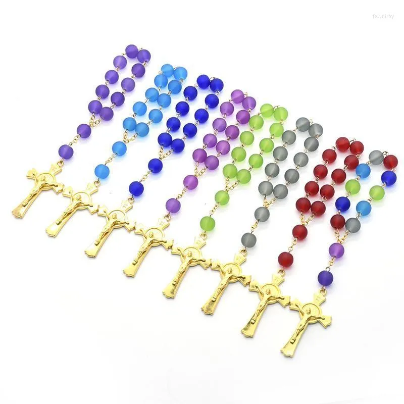 Link Chain Catholic Rosary armbanden voor autogangen Hand vasthouden Glas Gebed kralen Gold Crucifix Cross Church Religieuze sieraden Fawn22