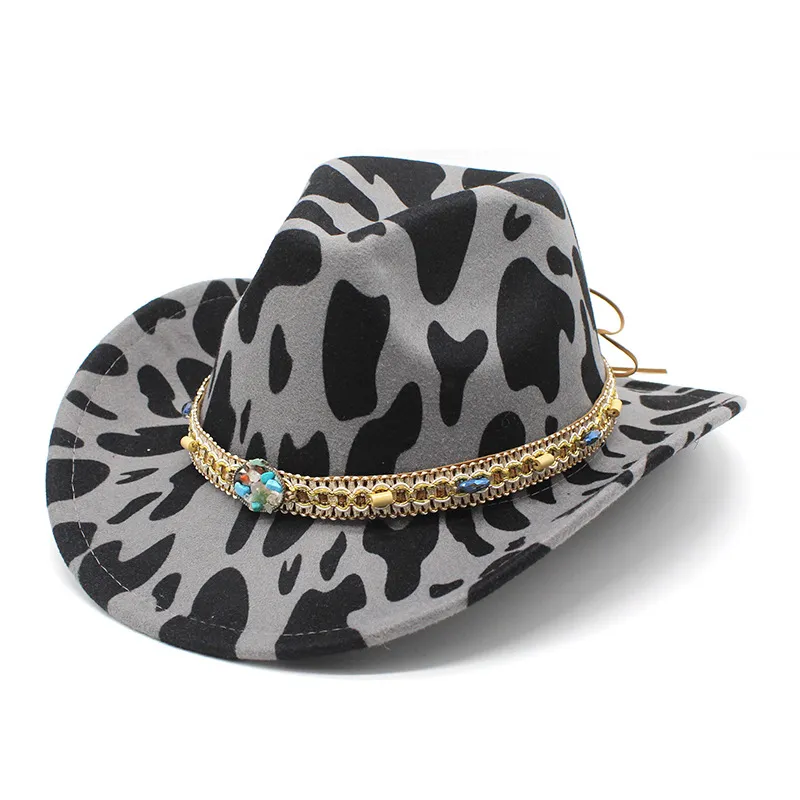 Etnisk stil Cow Pattern Cap för män Kvinnor Böhmen Western Cowboy Jazz Woolen Top Hat Curling Wide Brim Hat HCS180