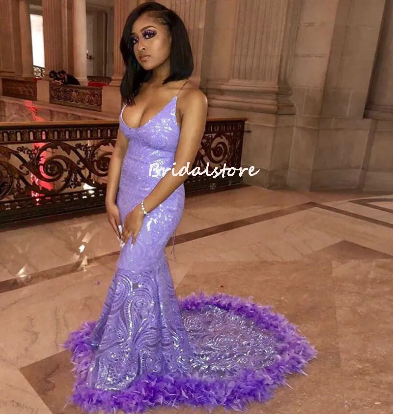 Abito da ballo a sirena con paillettes viola lucido 2022 per ragazze nere Abito da sera sexy con scollo a V africano Aso Ebi con piume Abiti da notte per occasioni speciali abiti da sera robes de soir￩e