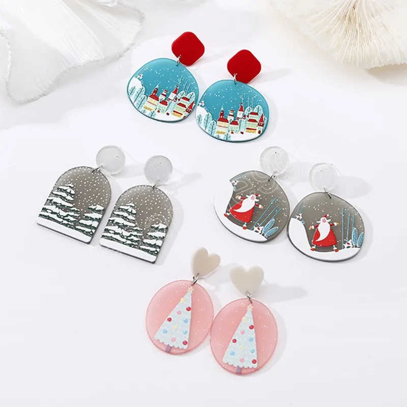 Cartoon Snowman Christmas Geometric Earrings For Women Acrylic Xmas Tree Deer Snowflake Santa Claus Dangle Earrings Party Gift