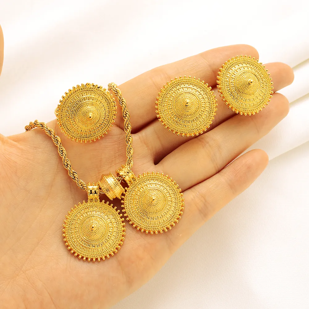 Seilkette äthiopisches Schmuckset Feiner massiver Goldanhänger Ohrringe Ring Eritrea Ethno-Stil Habesha