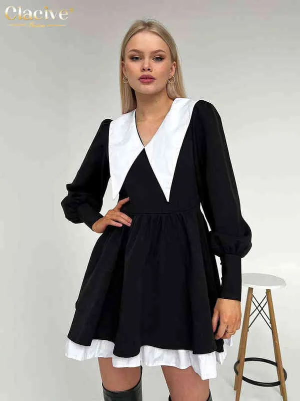 Clacive Fashion Col de poupée Robes noires pour femmes 2022 Casual Lanterne Manches Bureau Mini Robe Dames Élégant Patchwork Robe T220804