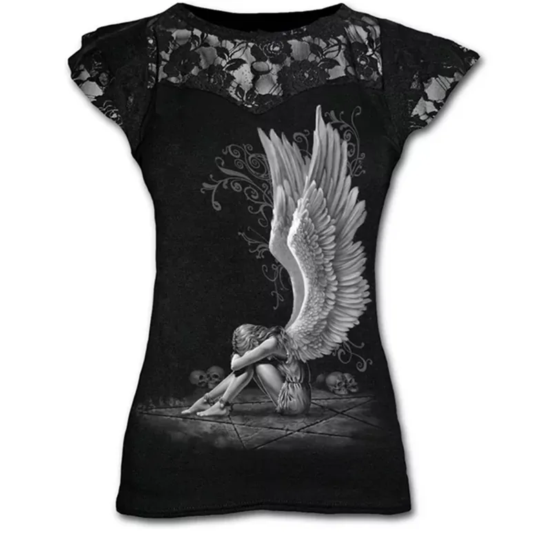 Plus Size Goth Graphic Lace T Shirts for Women Gothic Clothing Black Grunge Punk Tees Ladies Y2k Short Sleeve Tops Summer Tshirt 220708