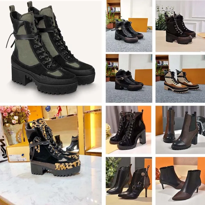 Designer dameslaarzen luxe hoogwaardige martin schoenen lederen glanzende nylon pocket combat dames mode buiten platform midden laarzen 35-41