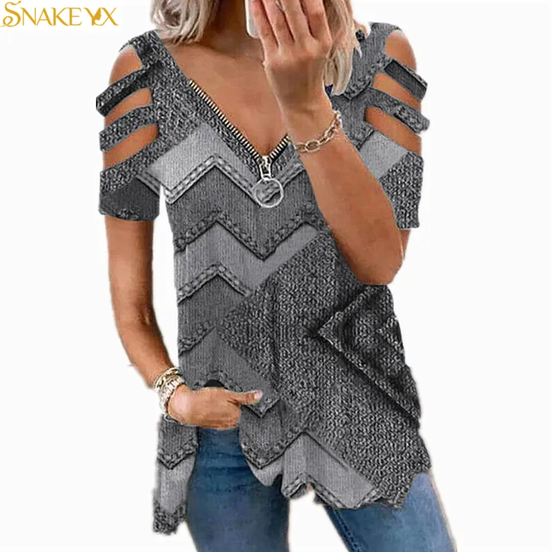 SNAKE YX Woman Tshirts Womens Wave Geometric Printed Short Sleeve Zipper Vneck Top Plus Fashion Graphic Oversized T Shirt 220615