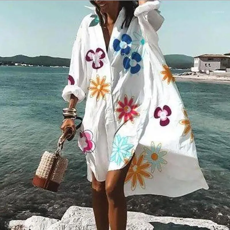Kwiatowy nadruk Elegancki długi rękaw swobodny luźny sukienka na plaży damską koszulę zapas