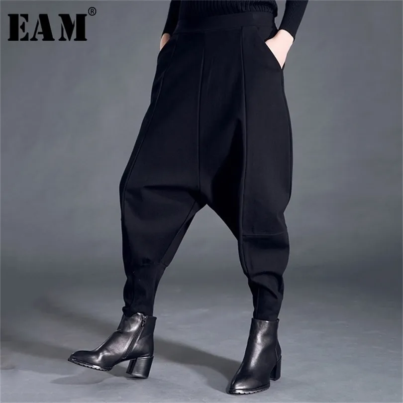 EAM NEW SPRING Fashion Black High midja Elastiska fickor Patchwork Casual Woman Full Length Harem Pants SA155 201112