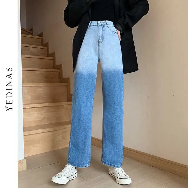 Yedinas Blue Contrast Color Long Jeans Hoge Taille Vrouwen broek Koreaanse mode lente herfst vrouwelijk demin pant casual 210527