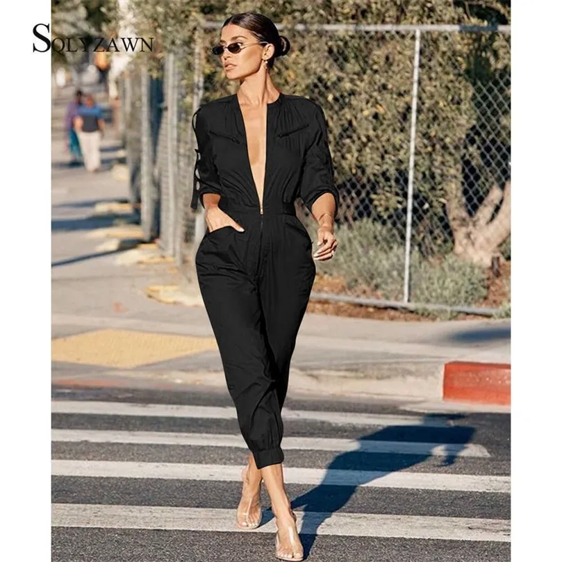 Streetwear Safari Rompers Femmes Casual Zipper Combinaison Pantalon Long Pantalon Cargo Pantalon Combishort Plus Taille Femmes Tenues de Travail 210709