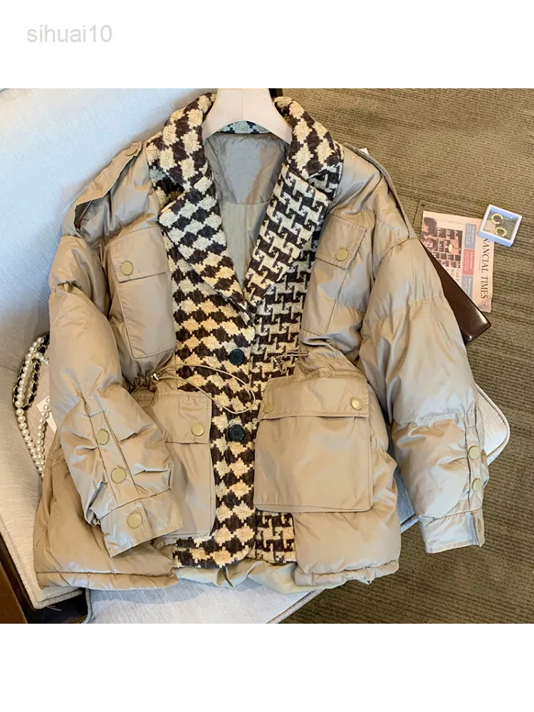 Coffee-Colored Houndstooth Stitching Cotton-Quilted Jacket Women Winter Retro Waist Thickened Long Sleeve Jacket Female Outerwear L220725