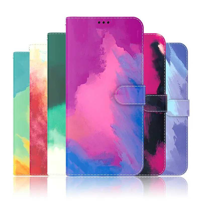 カラフルな塗装ホルダー革の財布の箱のためのiphone 13 Pro最大12ミニ11 XR XS最大6G 7G 8G水彩オイルカラークレジットIDカードフリップカバー