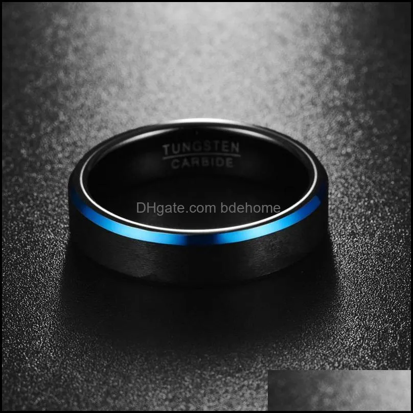 6MM Blue Beveled Edges Black Tungsten Carbide Ring Matte Brushed Finish Comfort Fit Size 7 to 121